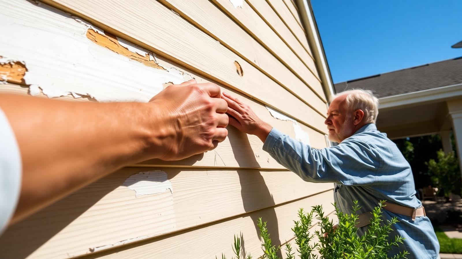 Homeowner inspecting sun-damaged exterior paint on a Placer County home